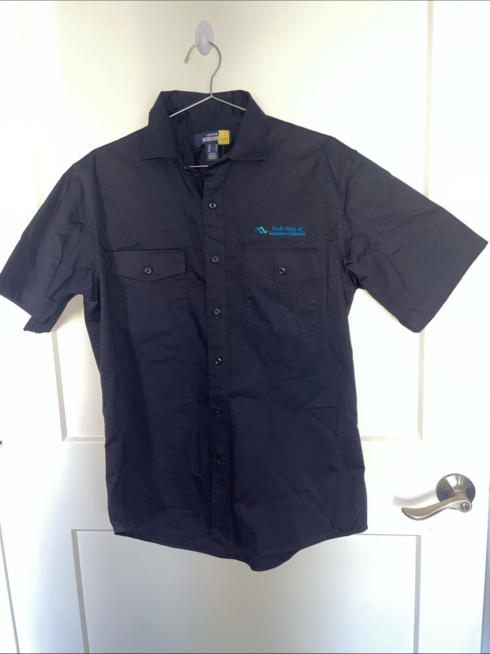 Lands' End Men's Short-Sleeve Button-Down Shirt in Black with Blue Logo